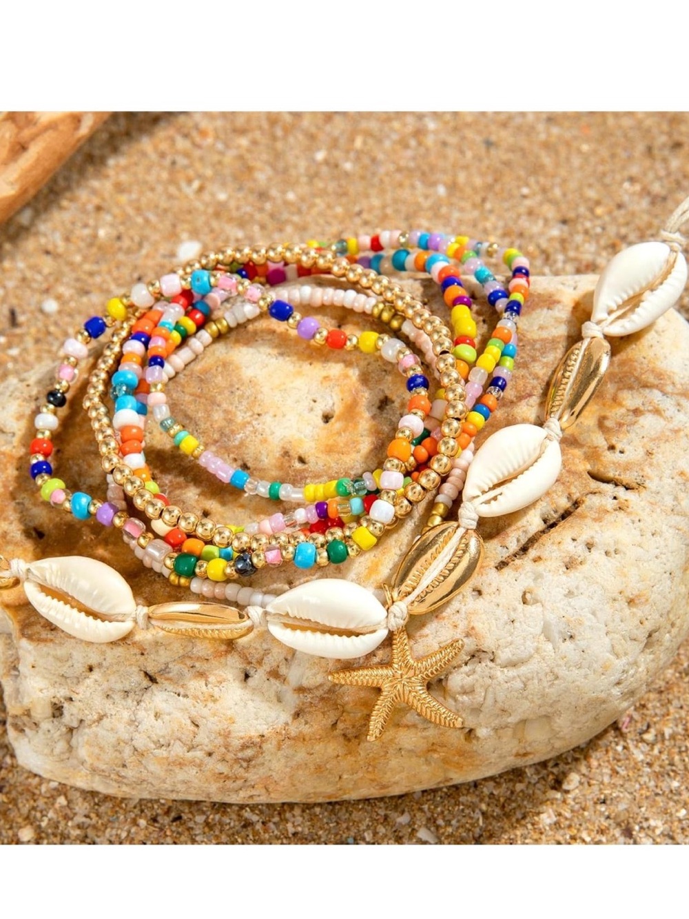 Anthropologie Gold and Multi Beaded Shell Anklet with Starfish Charm - Picture 2 of 4